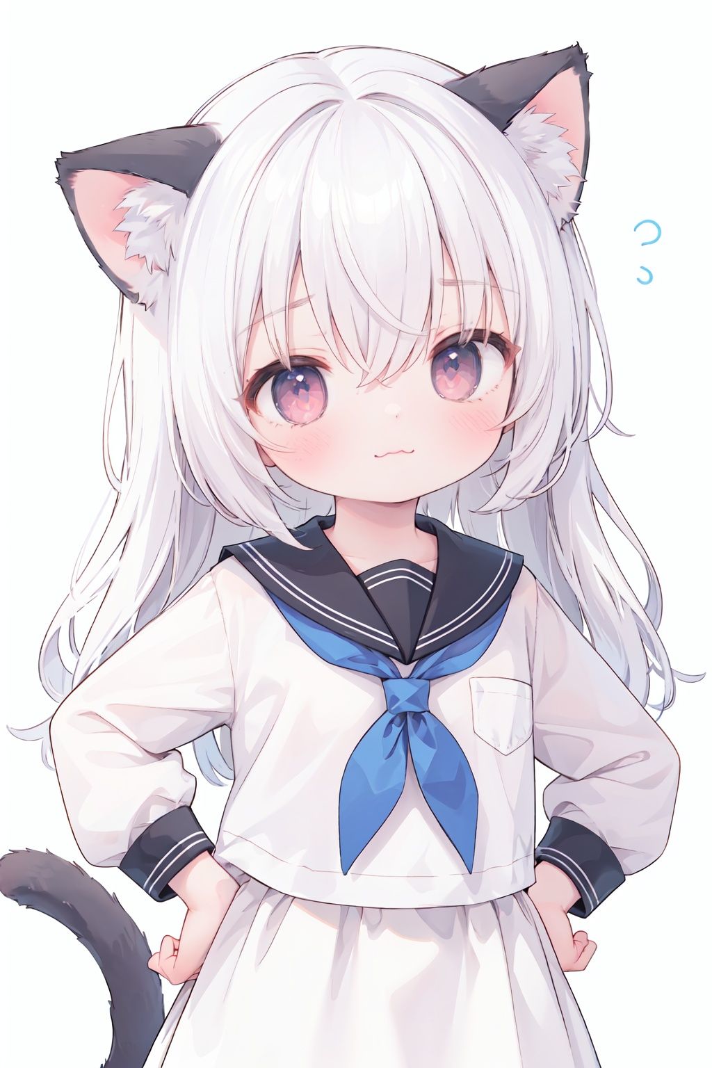 white background,simple background,
1girl,solo,(loli:1.3),Kawaii,(petite girl:1.2),cat girl,upper body,cute face,blush,arrogant,smug,swagger,stand upright,(head up,looking up),animal ears,tail,cat ears,animal ear fluff,cat tail,white hair,messy hair,wavy hair,(hair tucking),hai between eyes,long bangs,absurdly long hair,simple background,white background,blush,upper body,bangs,skirt,look at viewer,very long hair,sailor collar,tail raised,hands on hips,(head lift, head up,looking up:1.2),:3,chin,
(no human:1.2),