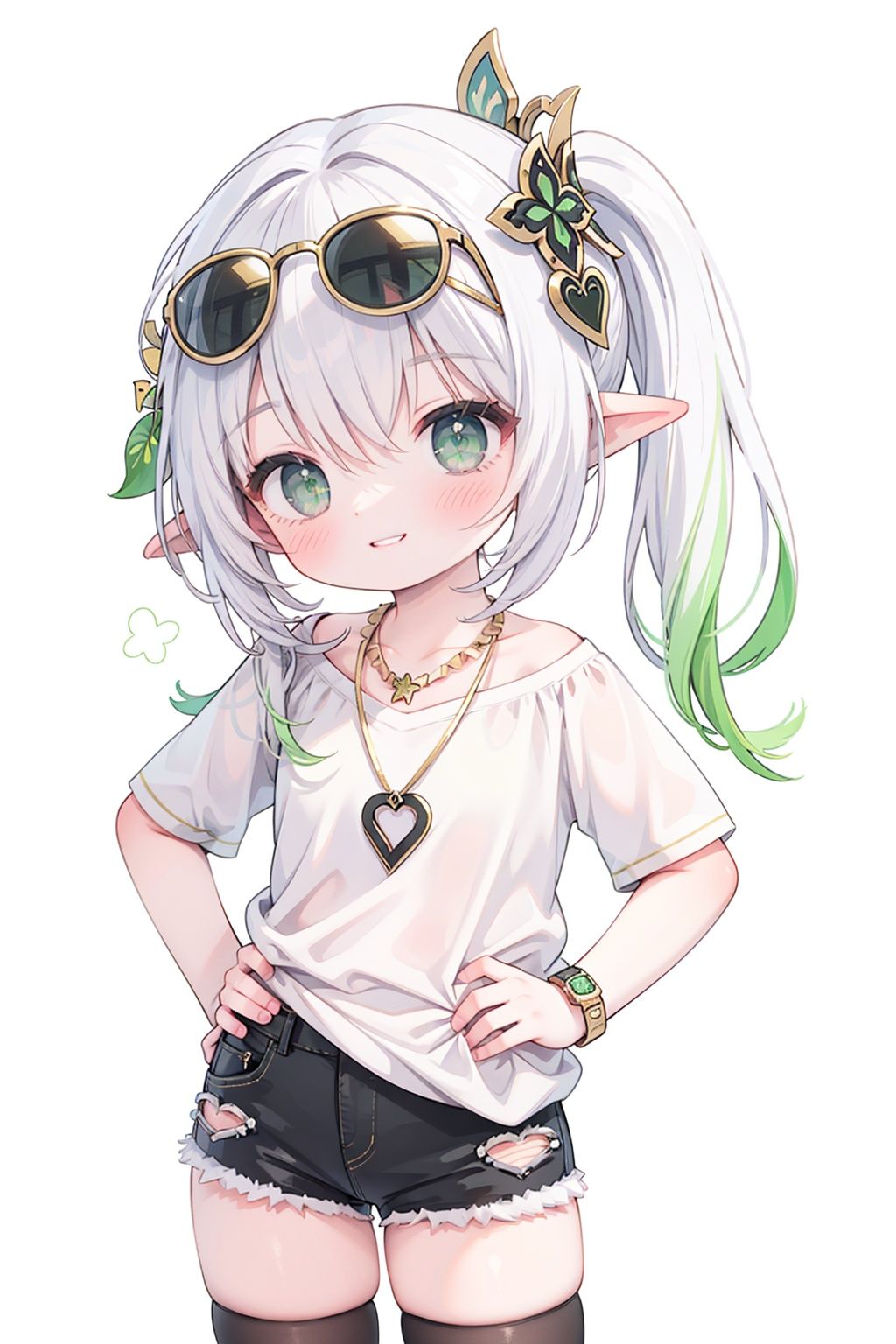  (looking at viewer:1.05),Dynamic angle,
1girl,(solo:1.5),
(standing:1.2),
nahida (genshin impact),Lovely,cute,
pointy ears,white hair,gradient white hair, green inner hair,
light smile,grin, long hair, looking at viewer, short sleeves,,perfect hand,hand on hip,
black camisole, (big gold necklace:1.2), wristwatch,capri pants, (sunglasses:1.2),hair ornament, ahoge,
white background, simple background,
very long hair , alternate costume, blush, ((black thighhighs)),thigh strap, thighs, sidelocks, ((casual)),, shorts,,nahida \(genshin impact\)