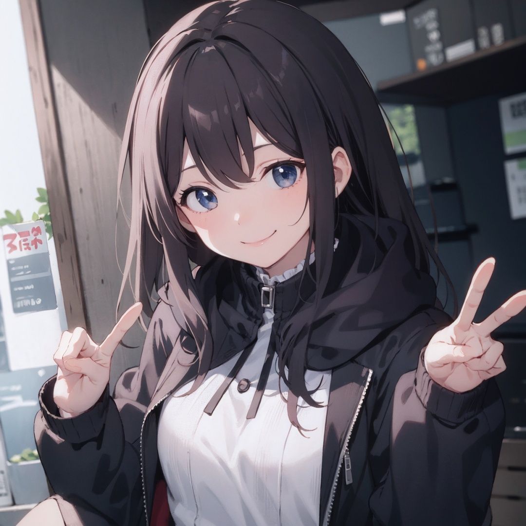 1girl,cute,smile,detailed face,peace sign