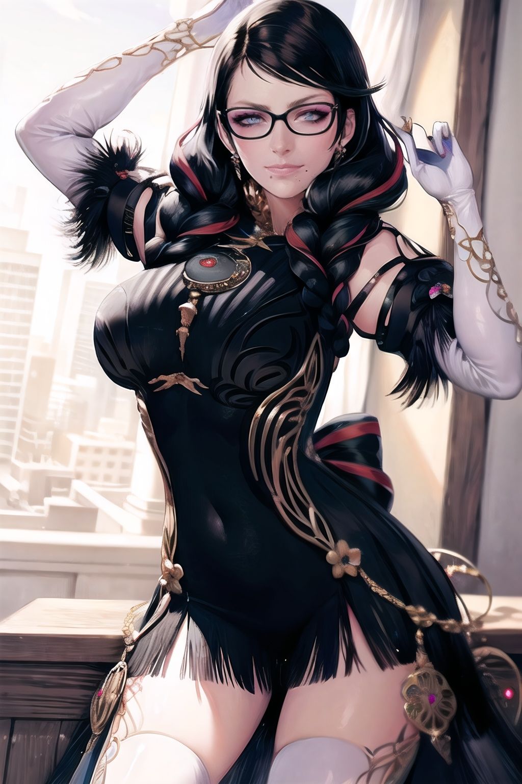 bayonetta_3_twintail_aiwaifu,  glasses,  blue_eyes on Tensor.Art