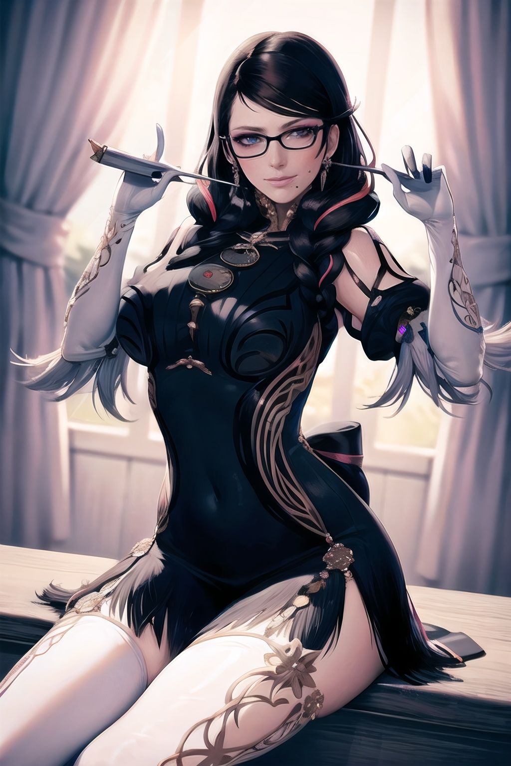bayonetta_3_twintail_aiwaifu,  glasses,  blue_eyes on Tensor.Art