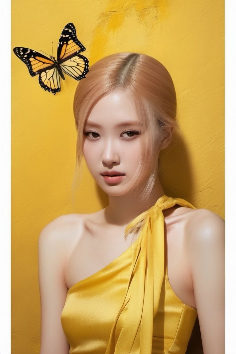 woman with butterfly in yellow wall,  hip skirt wings,  High quality by marcus789852 on Tensor.Art
