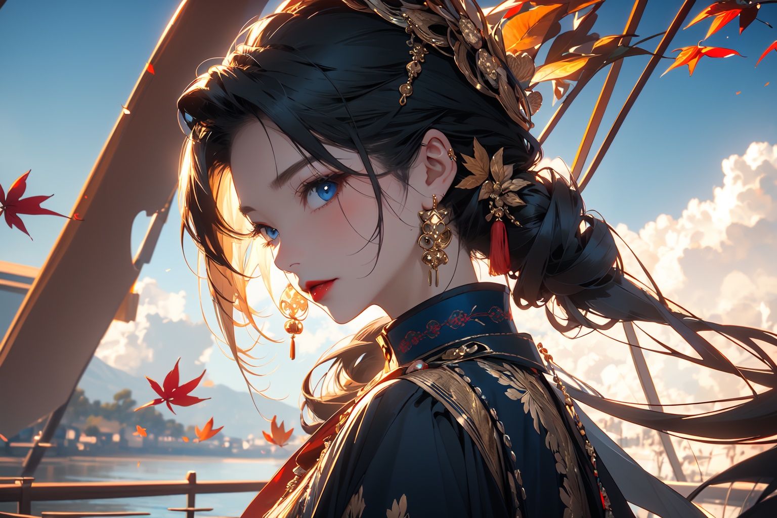 (masterpiece:1.2), best quality,realistic,1girl, long hair, black hair, solo, jewelry, hair ornament, earrings, blue eyes, upper body, red lips, cloud, looking at viewer, artist name, closed mouth, sky, leaf, long sleeves, chinese clothes <lora:midjourney:1>