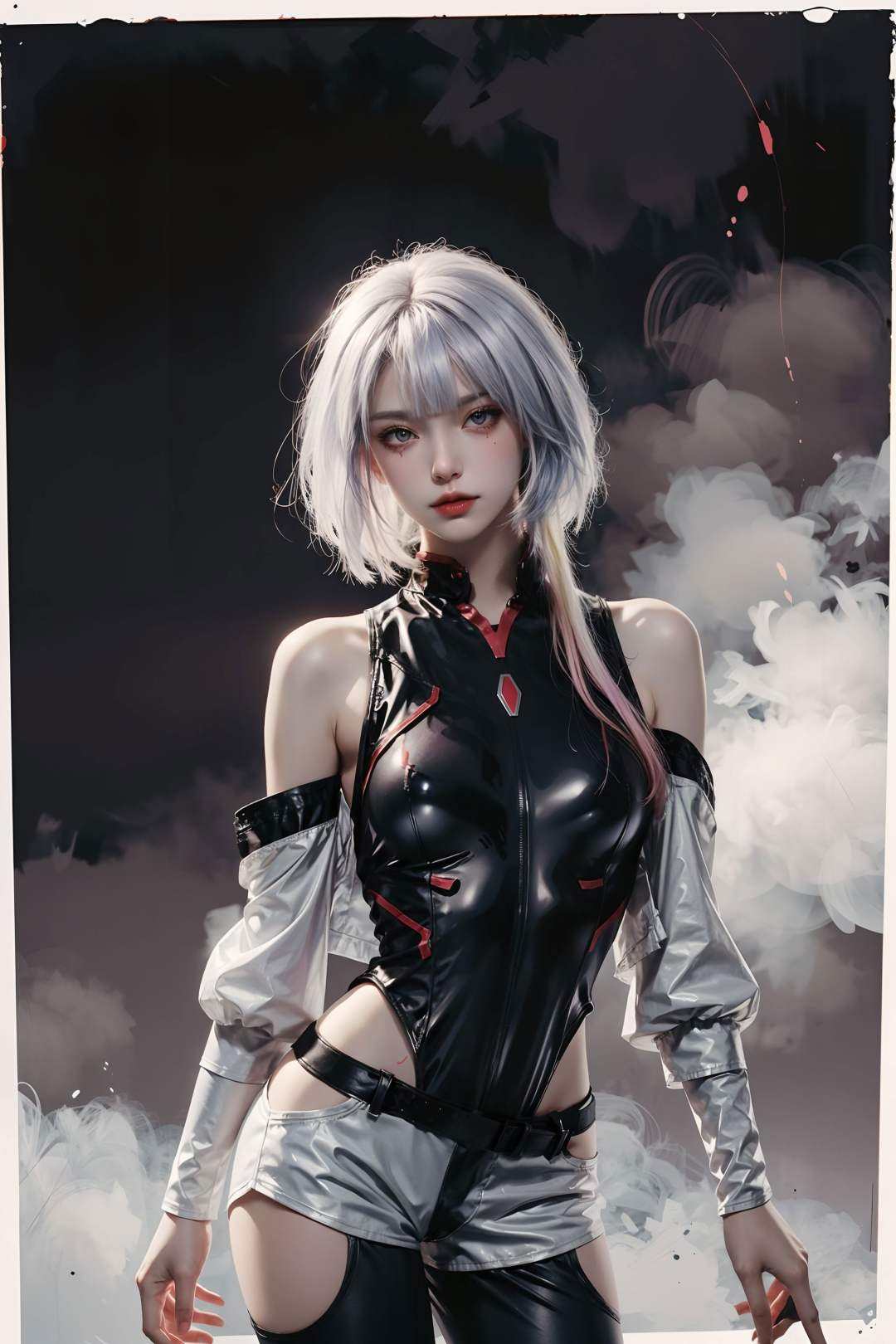 <lora:Lucy_Cyberpunk:0.7>, lucy_cyberpunk, 1 sweet girl,white short hair, bangs, red eyeliner, white off-shouler jacket, black bodysuit, bare shoulders, white shorts,  hip vent, black thighhighs,standing, looking at viewer, upper body,fantasy, high contrast, ink strokes, explosions, over exposure, purple and red tone impression , abstract, ((watercolor painting by John Berkey and Jeremy Mann )) brush strokes, negative space,   <lora:add_detail:1>