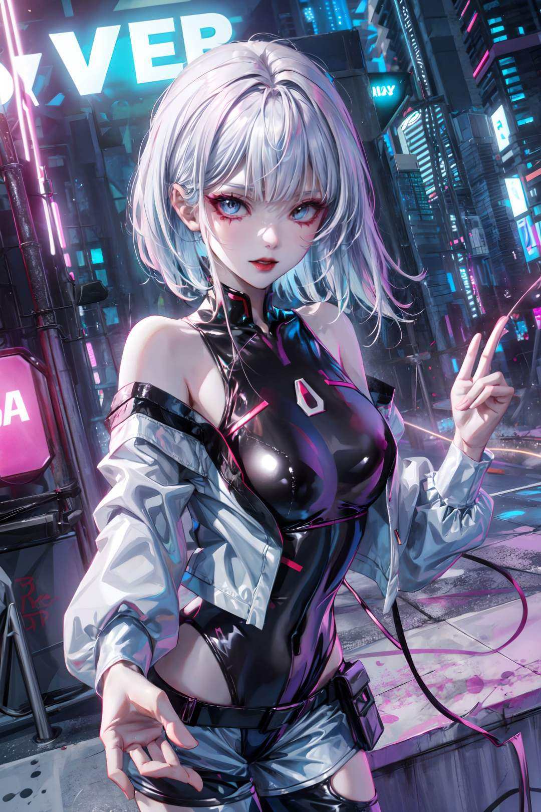 <lora:Lucy_Cyberpunk:0.7>, lucy_cyberpunk, cowboy shot, 1 sweet girl,white short hair, bangs, large breasts,((red eyeliner)), ((makeup)),red lips, white off-shouler jacket, black bodysuit, bare shoulders, white shorts,  hip vent, (dynamic pose), looking at viewer, upper body,fantasy, high contrast,cityscape, neon lights, neon trim, ((cyberpunk)),  <lora:add_detail:1> 