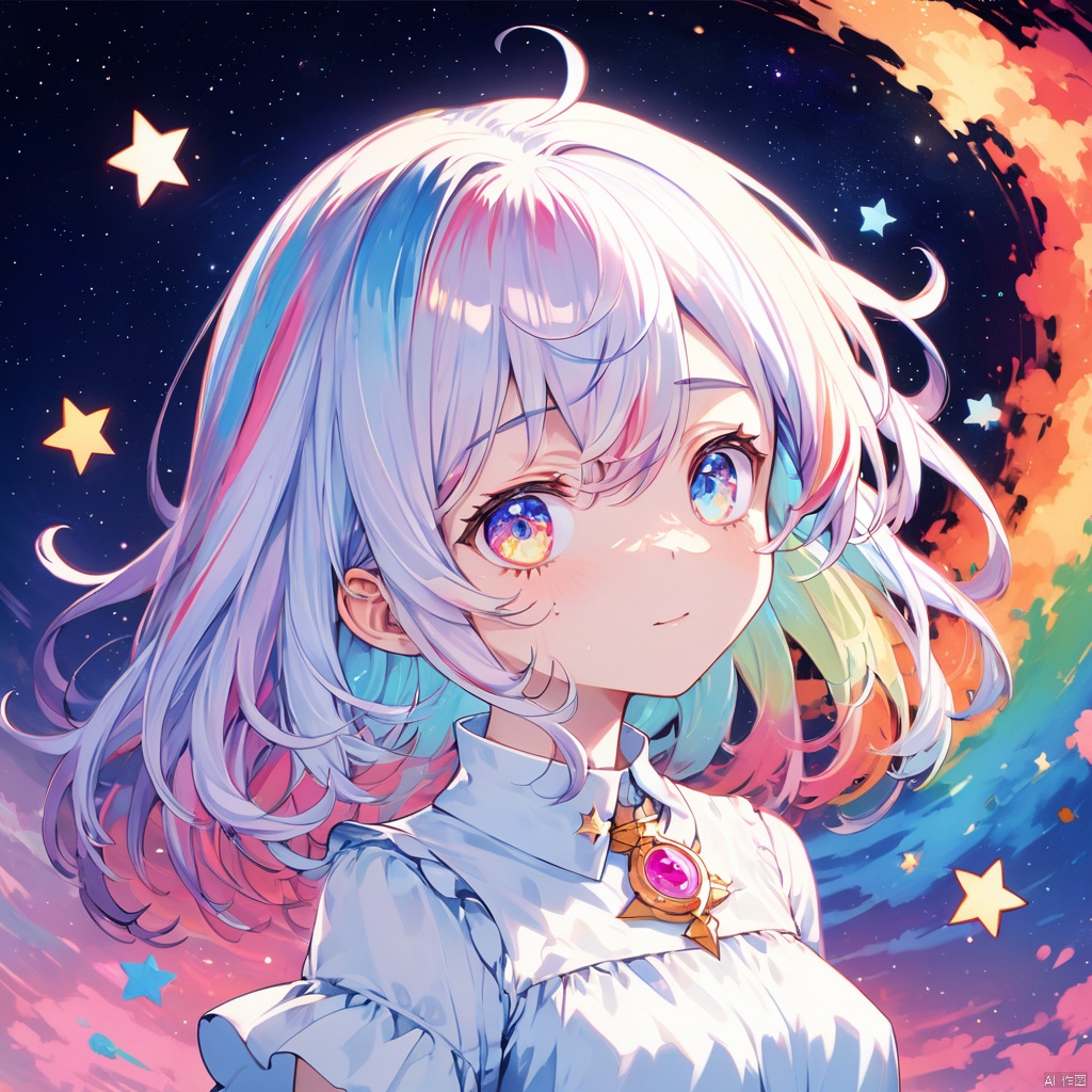  starwhisper,(((masterpiece))),(((best quality))),((ultra-detailed)),(illustration),(dynamic angle),((floating)),(paint),((disheveled hair)),(solo),(1girl), loli, ((small_breasts)), (((detailed anima face))),((beautiful detailed face)),collar,bare shoulders,white hair, ((colorful hair)),((streaked hair)),beautiful detailed eyes,(Gradient color eyes),(((colorful eyes))),(((colorful background))),(((high saturation))),(((surrounded by colorful nebula))),(((surrounded by colorful stars))),((shining)), starry background
