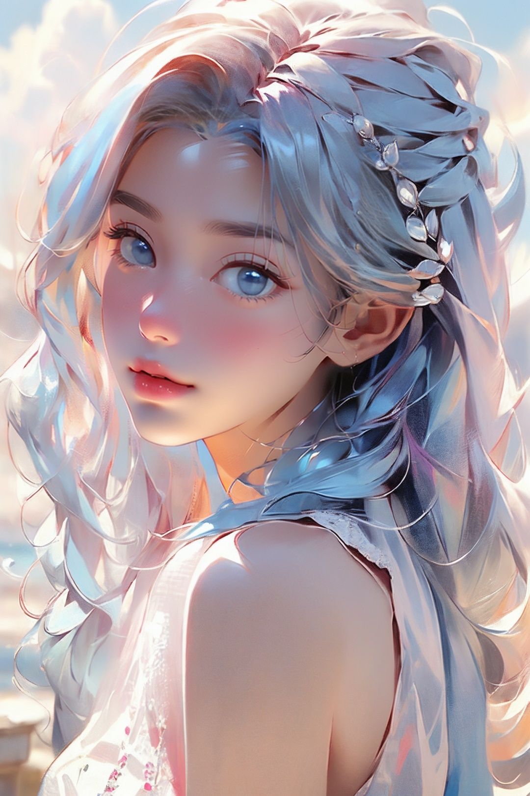 (best quality),[masterpiece],((beautiful:0.75) cute girl:0.75),(EOS R8,50mm,F1.2,8K,RAW photo:1.2),Professional,ultra-fine painting,(blue hair:1.4),standing,outdoors,(front:1.3),cloud,sky,seaside background,, eyelashes, extremely detailed CG unity 8k wallpaper,masterpiece, best quality, ultra-detailed, beautiful detailed eyes:1.2,best illumination, (best shadow, an extremely delicate and beautiful, bloom), <lora:fenhongnvhai:1>