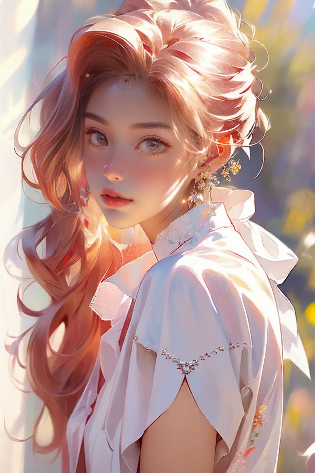 blurry, depth_of_field, blurry_background, earrings, 1girl, chinese_clothes, jewelry, blurry_foreground, solo, dress, china_dress, looking_at_viewer, outdoors, lips, ribbon, white_ribbon, extremely detailed CG unity 8k wallpaper,masterpiece, best quality, ultra-detailed, beautiful detailed eyes:1.2,best illumination, (best shadow, an extremely delicate and beautiful, bloom), <lora:fenhongnvhai:1>