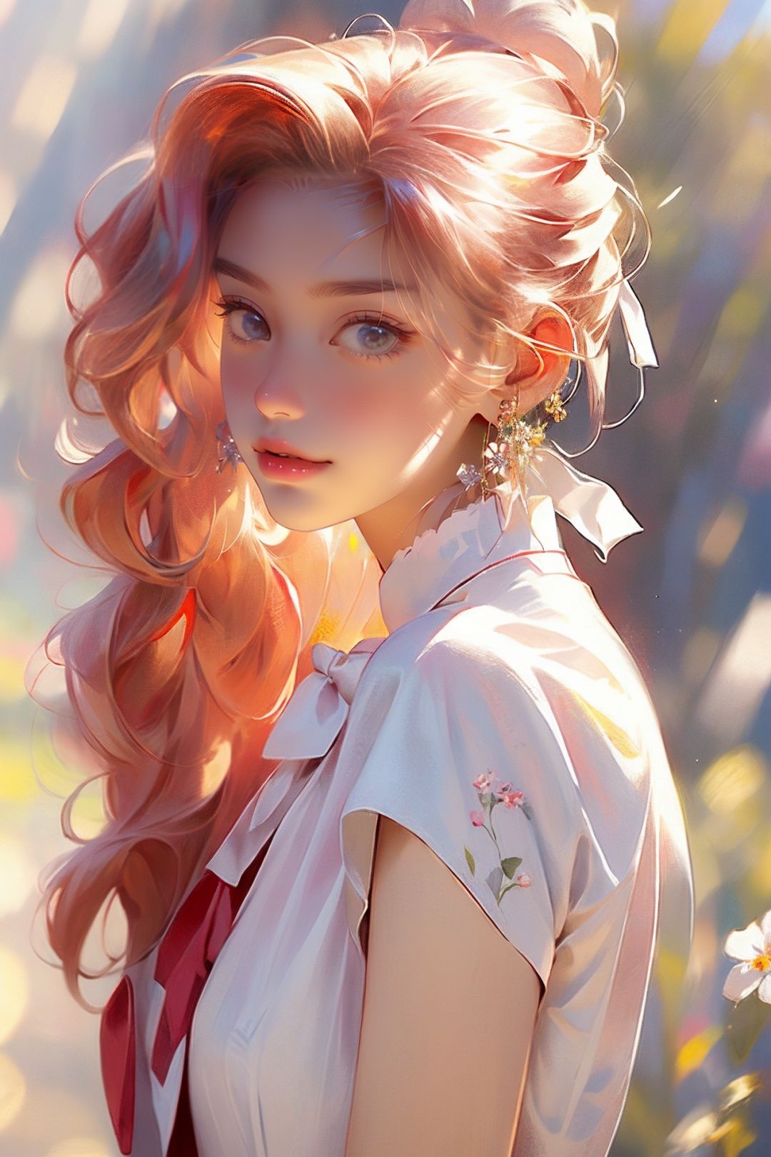 blurry, depth_of_field, blurry_background, earrings, 1girl, chinese_clothes, jewelry, blurry_foreground, solo, dress, china_dress, looking_at_viewer, outdoors, lips, ribbon, white_ribbon, extremely detailed CG unity 8k wallpaper,masterpiece, best quality, ultra-detailed, beautiful detailed eyes:1.2,best illumination, (best shadow, an extremely delicate and beautiful, bloom), <lora:fenhongnvhai:1>