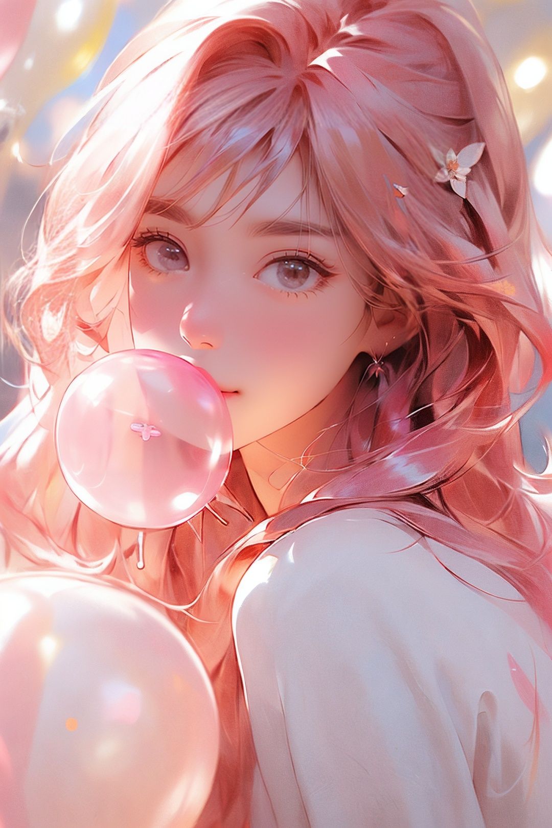 bubble_blowing, chewing_gum, 1girl, solo, balloon, long_hair, bangs, looking_at_viewer, eyelashes, extremely detailed CG unity 8k wallpaper,masterpiece, best quality, ultra-detailed, beautiful detailed eyes:1.2,best illumination, (best shadow, an extremely delicate and beautiful, bloom), <lora:fenhongnvhai:1>
