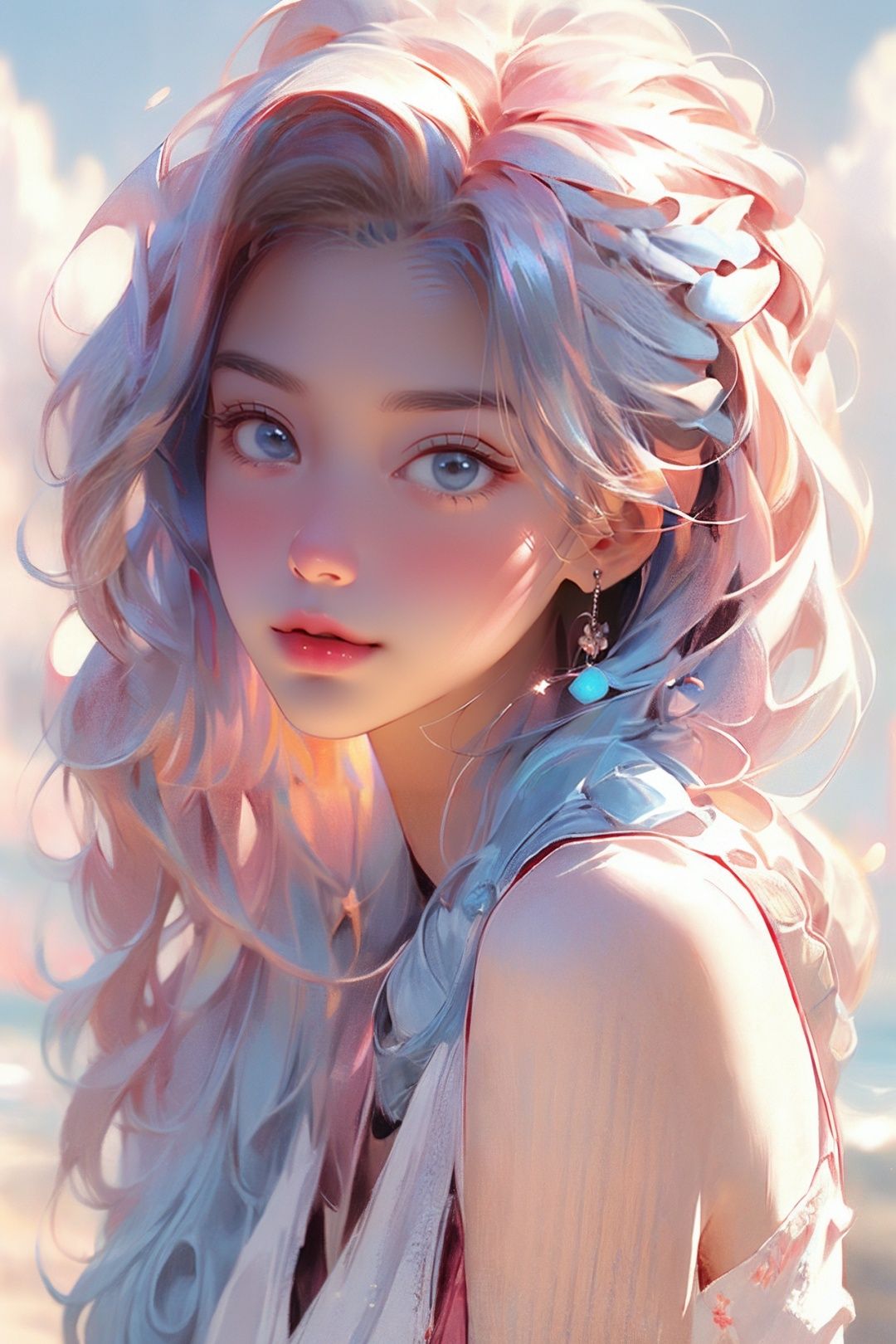 (best quality),[masterpiece],((beautiful:0.75) cute girl:0.75),(EOS R8,50mm,F1.2,8K,RAW photo:1.2),Professional,ultra-fine painting,(blue hair:1.4),standing,outdoors,(front:1.3),cloud,sky,seaside background,, eyelashes, extremely detailed CG unity 8k wallpaper,masterpiece, best quality, ultra-detailed, beautiful detailed eyes:1.2,best illumination, (best shadow, an extremely delicate and beautiful, bloom), <lora:fenhongnvhai:1>