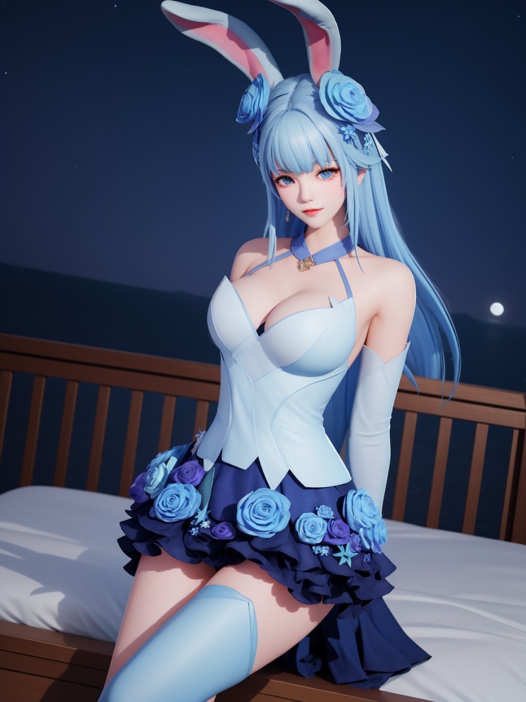 WZRYgongsunliHJW, 1girl, flower, solo, rabbit ears, blue eyes, hair flower, hair ornament, blue hair, detached sleeves, single thighhigh, blue flower, dress, bare shoulders, jewelry,cityscape, night, looking at viewer, mature female, sitting, bed,  <lora:WZRYgongsunliHJW:0.75>,arms behind back, 