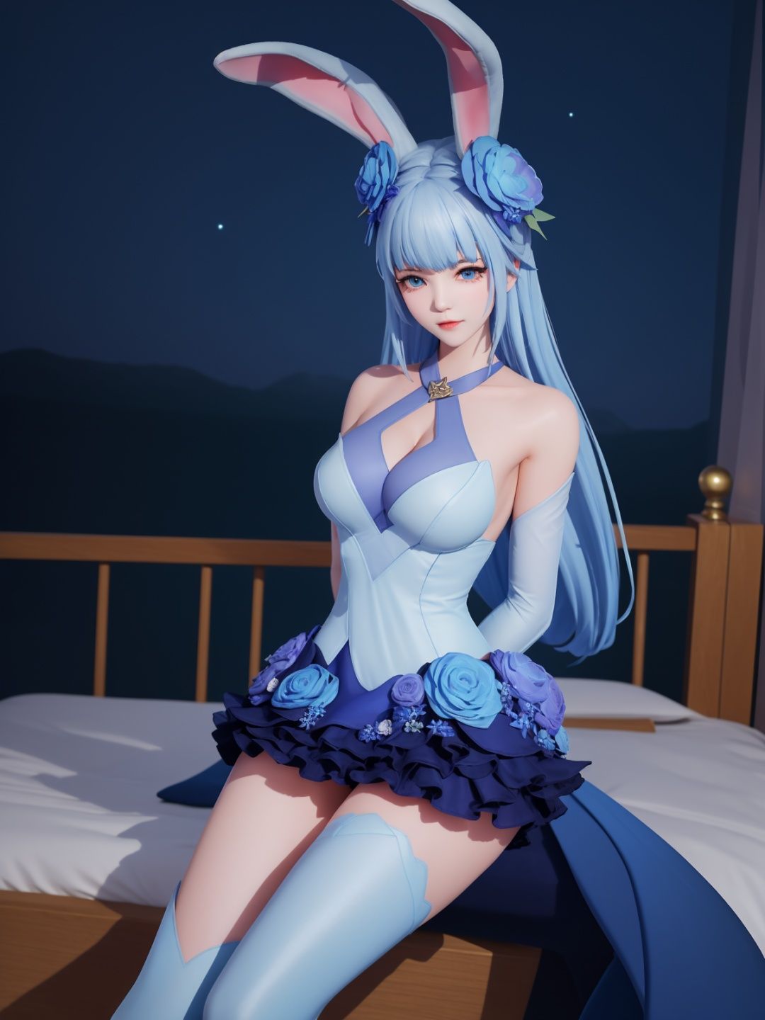 WZRYgongsunliHJW, 1girl, flower, solo, rabbit ears, blue eyes, hair flower, hair ornament, blue hair, detached sleeves, single thighhigh, blue flower, dress, bare shoulders, jewelry,cityscape, night, looking at viewer, mature female, sitting, bed,  <lora:WZRYgongsunliHJW:0.75>,arms behind back, 