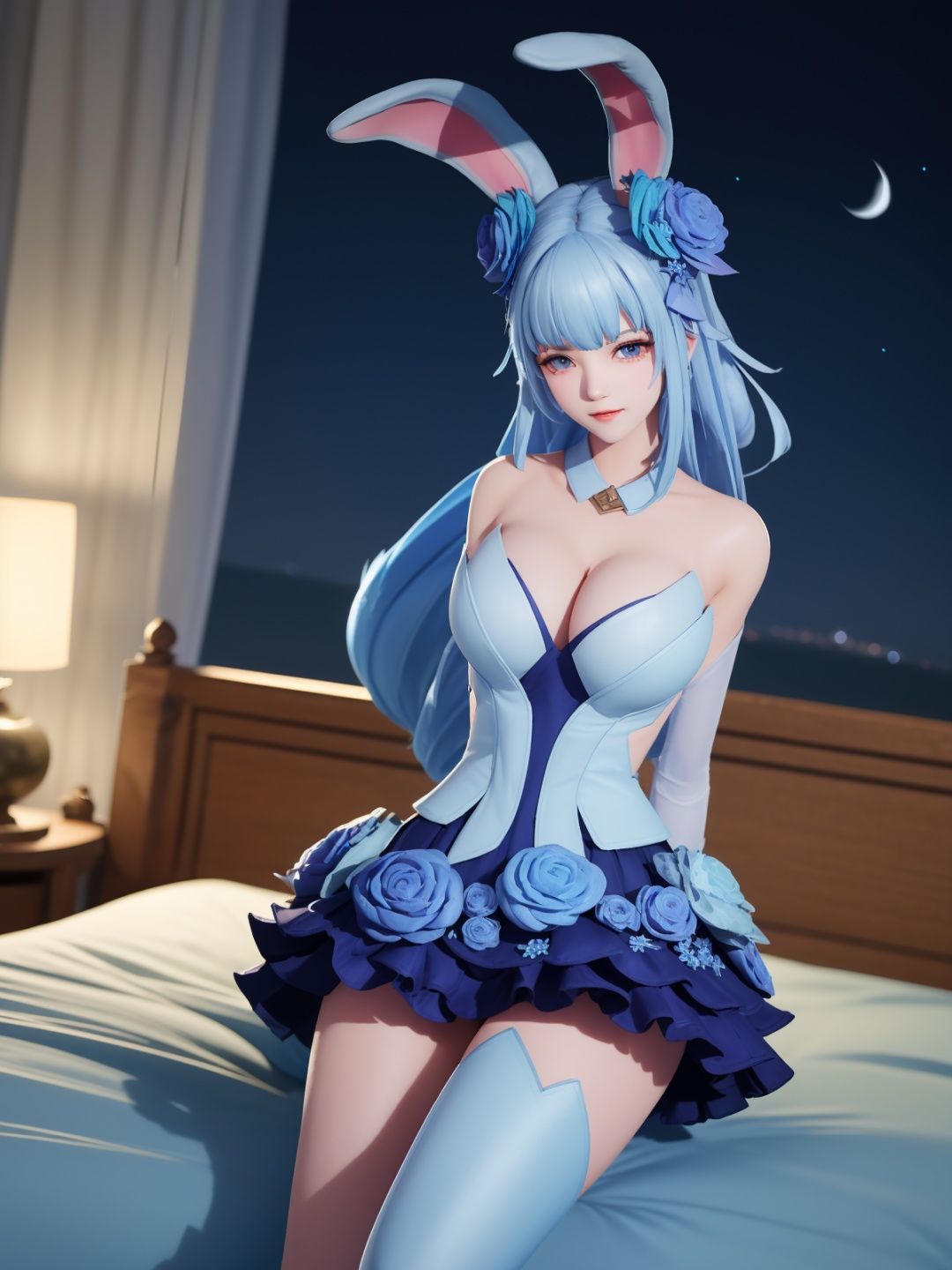 WZRYgongsunliHJW, 1girl, flower, solo, rabbit ears, blue eyes, hair flower, hair ornament, blue hair, detached sleeves, single thighhigh, blue flower, dress, bare shoulders, jewelry,cityscape, night, looking at viewer, mature female, sitting, bed,  <lora:WZRYgongsunliHJW:0.75>,arms behind back, 