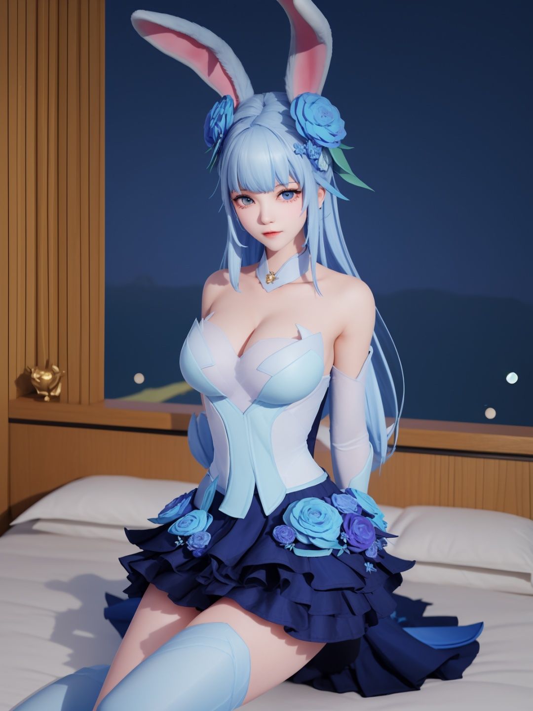 WZRYgongsunliHJW, 1girl, flower, solo, rabbit ears, blue eyes, hair flower, hair ornament, blue hair, detached sleeves, single thighhigh, blue flower, dress, bare shoulders, jewelry,cityscape, night, looking at viewer, mature female, sitting, bed,  <lora:WZRYgongsunliHJW:0.75>,arms behind back, 