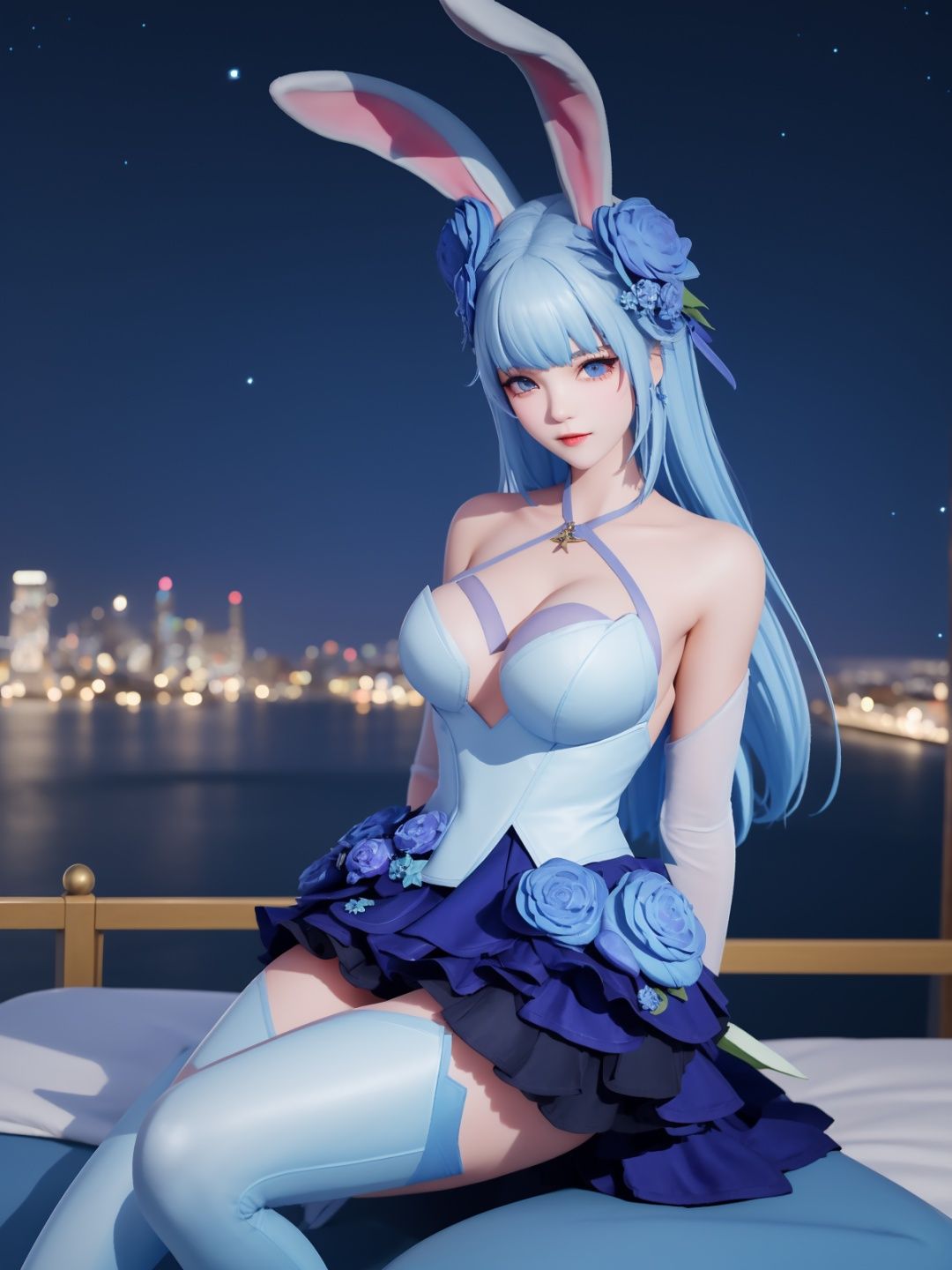 WZRYgongsunliHJW, 1girl, flower, solo, rabbit ears, blue eyes, hair flower, hair ornament, blue hair, detached sleeves, single thighhigh, blue flower, dress, bare shoulders, jewelry,cityscape, night, looking at viewer, mature female, sitting, bed,  <lora:WZRYgongsunliHJW:0.75>,arms behind back, 