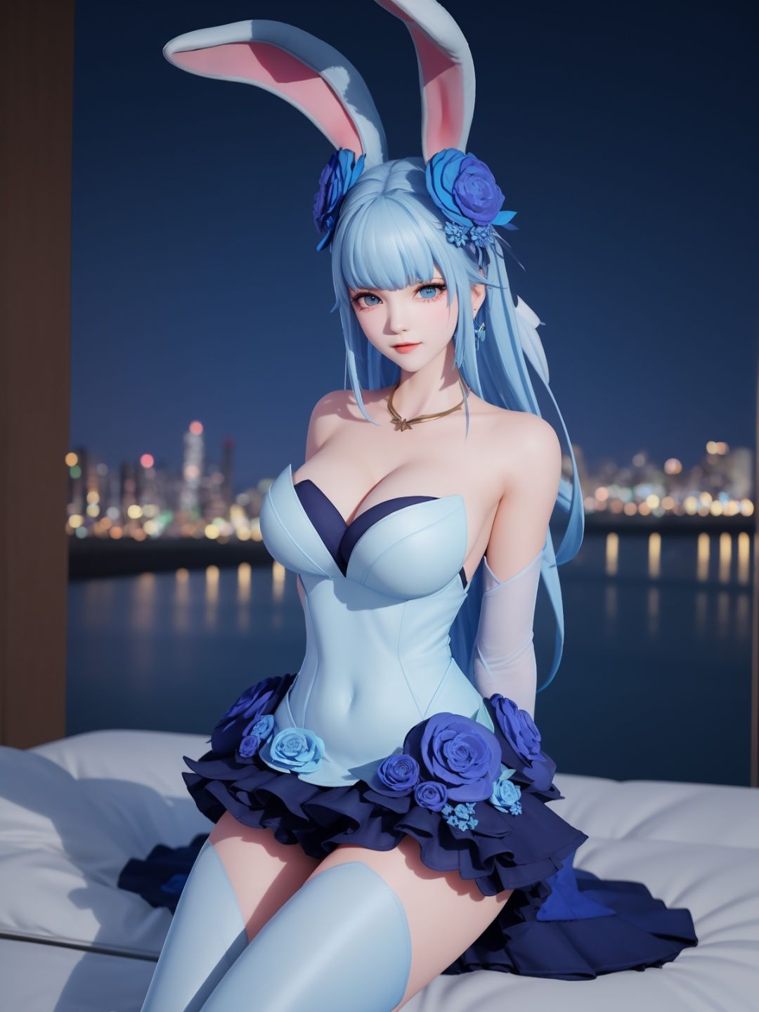 WZRYgongsunliHJW, 1girl, flower, solo, rabbit ears, blue eyes, hair flower, hair ornament, blue hair, detached sleeves, single thighhigh, blue flower, dress, bare shoulders, jewelry,cityscape, night, looking at viewer, mature female, sitting, bed,arms behind back,   <lora:WZRYgongsunliHJW:0.75>,