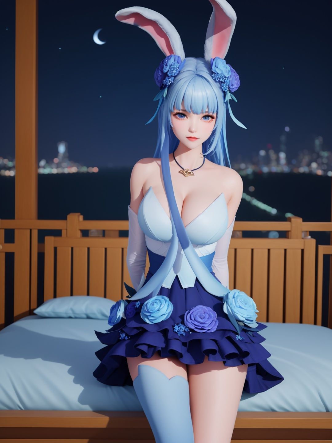 WZRYgongsunliHJW, 1girl, flower, solo, rabbit ears, blue eyes, hair flower, hair ornament, blue hair, detached sleeves, single thighhigh, blue flower, dress, bare shoulders, jewelry,cityscape, night, looking at viewer, mature female, sitting, bed,  <lora:WZRYgongsunliHJW:0.75>,arms behind back, 