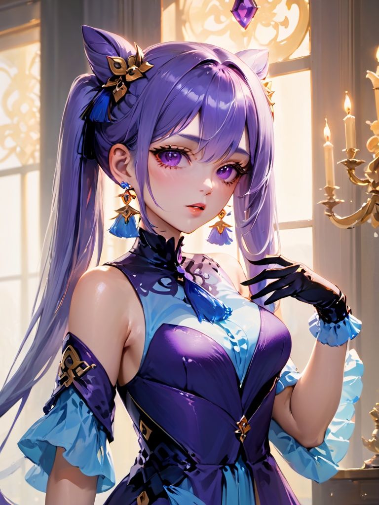 (((masterpiece))), ((best quality)), hyper quality, official art, extremely detailed CG unity 8k wallpaper, highly detailed, (super fine illustration), highres, (ultra-detailed), detailed face4, 
(\ke qing\), 1girl, gloves, solo, breasts, looking at viewer, parted lips, jewelry, earrings, indoors, black gloves, detached sleeves, bare shoulders, upper body, braid, dress, window, hand on own chest, bangs, hand up, frills, tassel, frilled sleeves, sleeveless, lips, sidelocks, double bun, blush, purple dress, sunlight, frilled gloves