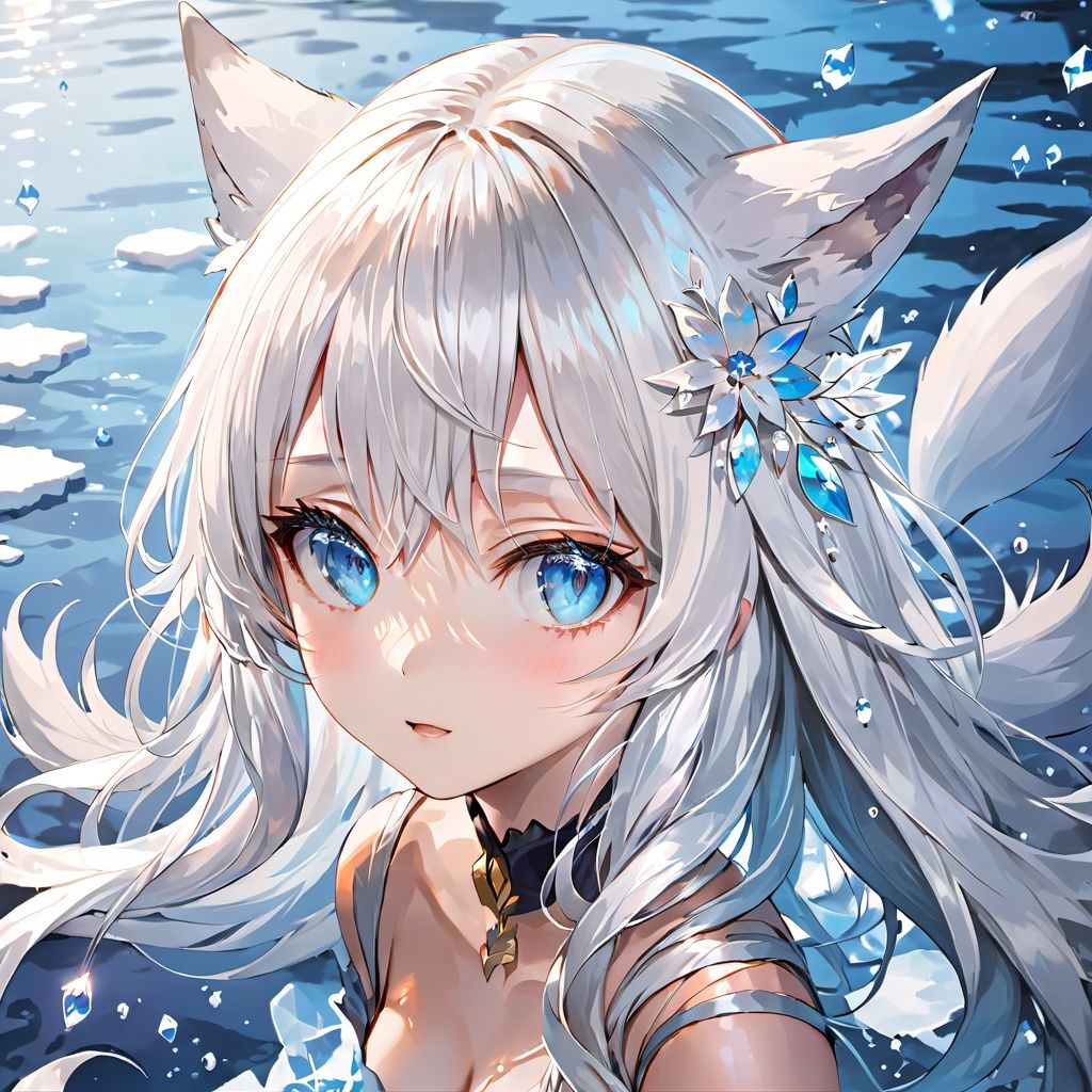 masterpiece, best quality,official art, extremelydetailed cg 8k wallpaper,(flying petals)(detailed ice) , crystalstexture skin, coldexpression, ((fox ears)),white hair, longhair, messy hair, blue eye,looking at viewer,extremely delicate andbeautiful, water, ((beautydetailed eye)), highlydetailed, cinematiclighting, ((beautiful face),fine water surface, (originalfigure painting), ultra-detailed, incrediblydetailed, (an extremelydelicate and beautiful),beautiful detailed eyes,(best quality),mooooko