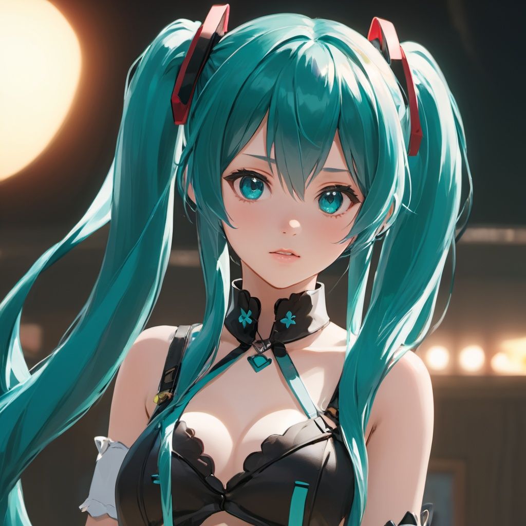 beautiful age 18 girl, (anime screencap), aqua hair, hatsune miku, twin tails, sexy, beautiful, dslr, 8k, 4k, natural skin, textured skin, pixiv, depth of field, cinematic compotision, best lighting, cowboy shot