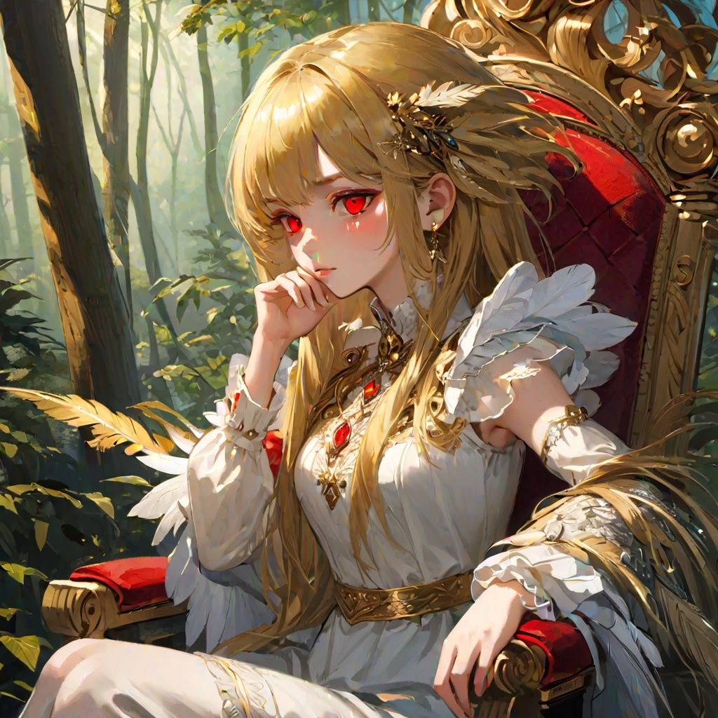 anime,Medium view, girl focus, a girl, sitting sideways on a luxurious chair, hand supporting chin, looking out of the camera, red eyes, detailed engraved picture part, delicate and beautiful face, exotic, mysterious forest, high detail red eyes, wind, wind blowing hair, windward, high detail hair, aristocratic clothing, fluff, golden feathers, epic, masterpiece, wooden, old, golden hair,1girl
