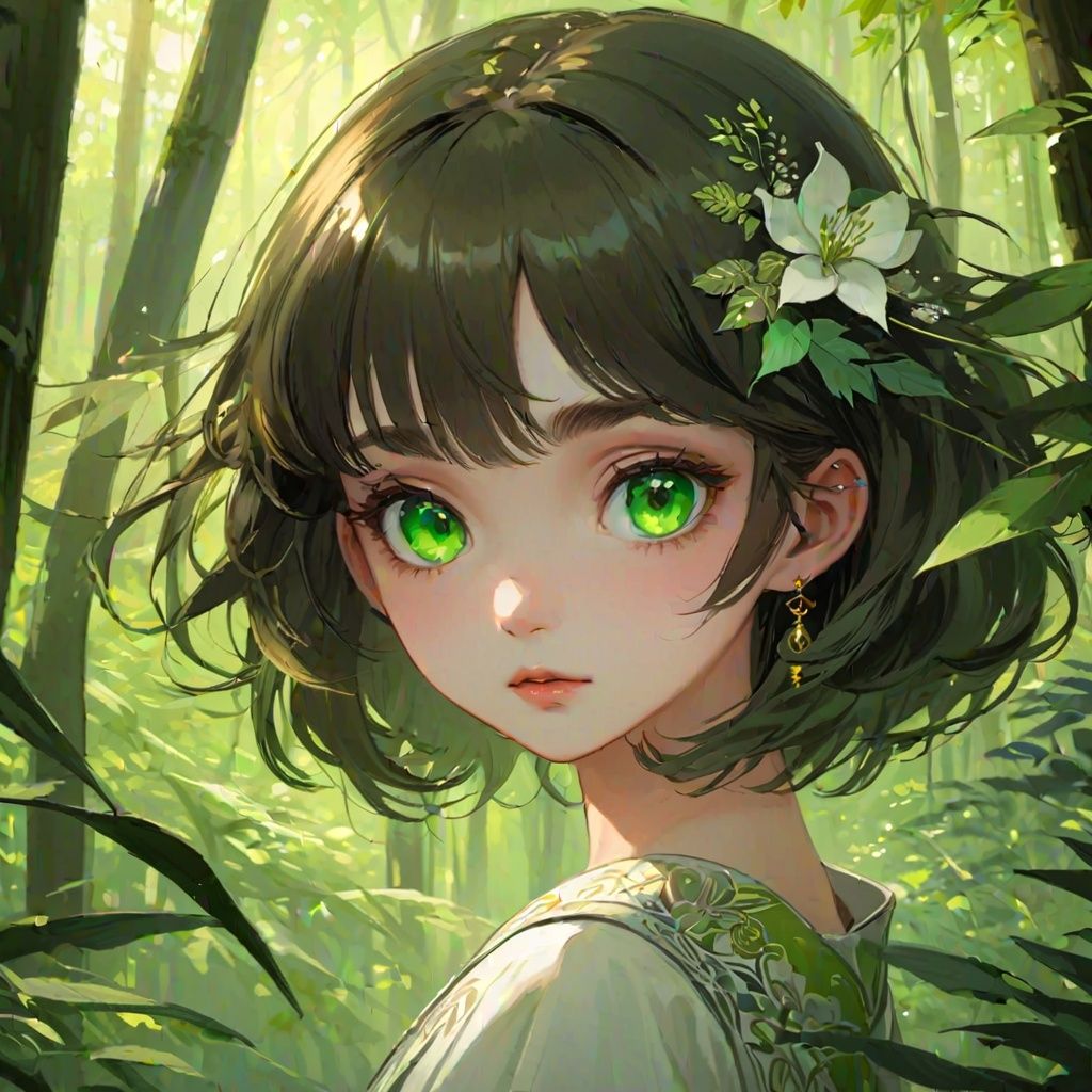 Medium view, girl focus, masterpiece, 1girl,high detail green eyes,delicate and beautiful face, exotic, mysterious forest, koishi