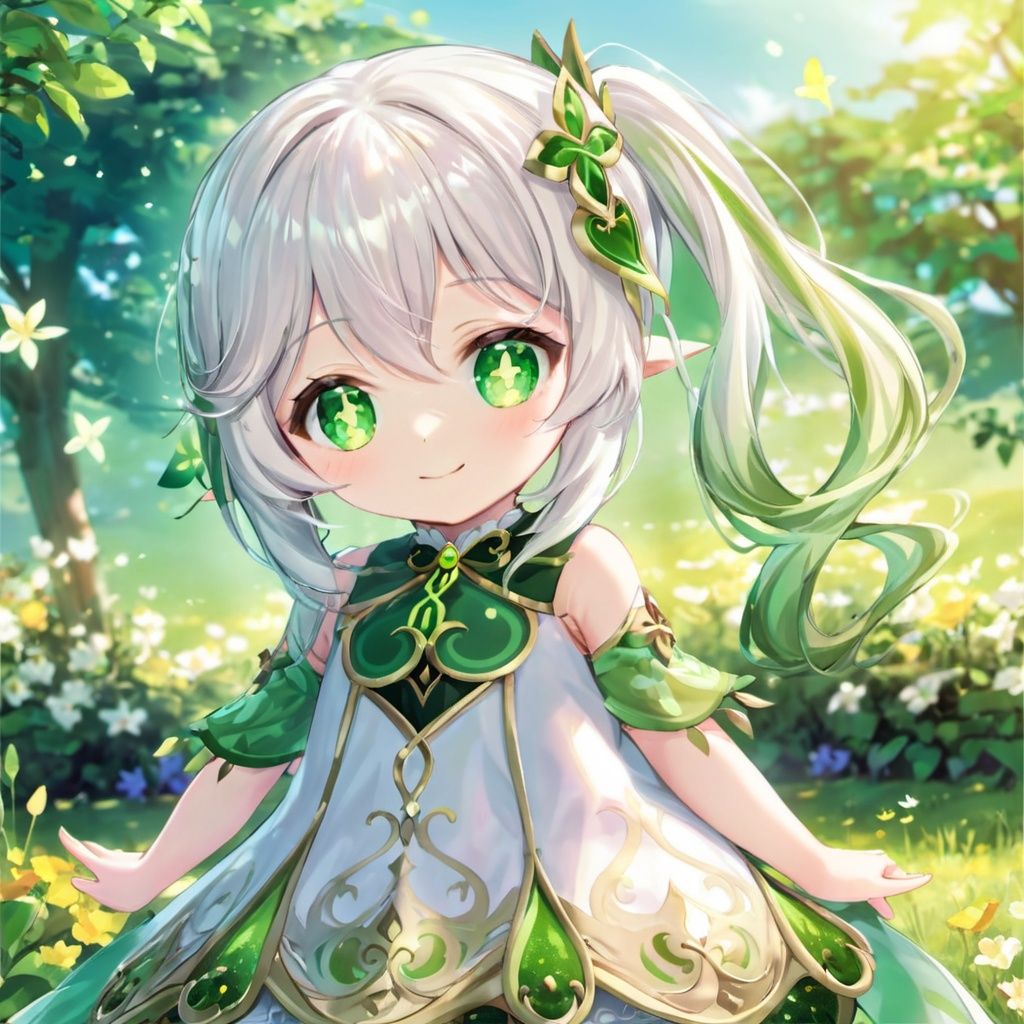 (\na ** tan\),1girl, solo, dress, smile, looking at viewer, gradient hair, white dress, cross-shaped pupils, long hair, outdoors, white hair, green hair, 