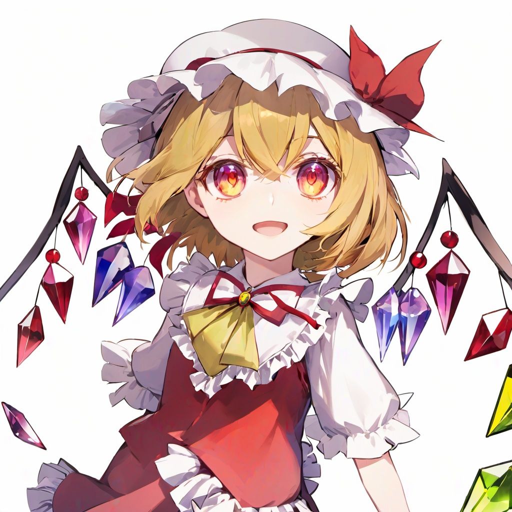 masterpiece, best quality,official art,extremelydetailed cg 8k wallpaper,touhou, 1girl,flandre_scarlet,crystals on wing,white  background,