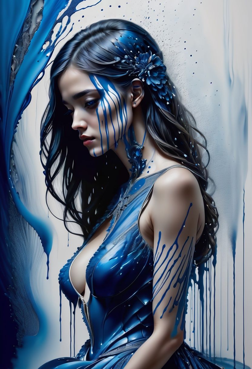 masterpiece, best quality, ultra high res, 1girl, (abstract art:1.4), bleeding blue, blue theme, visually stunning, beautiful, evocative, emotional, side view, 