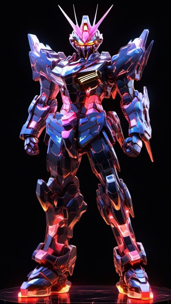 Gundam, solo, looking_at_viewer, standing, no_humans, glowing, robot, black_background, mecha, glowing_eyes, clenched_hands, science_fiction, straight-on, v-fin,photo,8k,intricate,highly detailed,majestic,digital photography,broken glass,(masterpiece, sidelighting, finely detailed beautiful eyes:1.2),hdr,realistic,high definition,<lora:SDXL_gundam_Transparent:0.7>,
