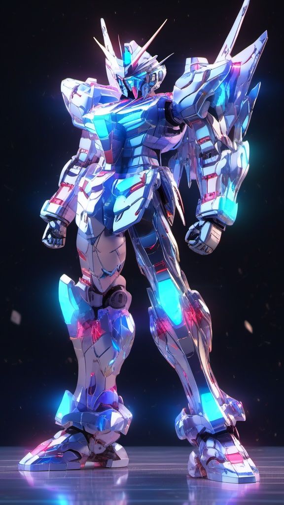 Gundam, solo, blue_eyes, standing, no_humans, glowing, robot, mecha, glowing_eyes, clenched_hands, science_fiction, looking_ahead, v-fin,photo,8k,intricate,highly detailed,majestic,digital photography,broken glass,(masterpiece, sidelighting, finely detailed beautiful eyes:1.2),hdr,realistic,high definition,<lora:SDXL_gundam_Transparent:0.7>,