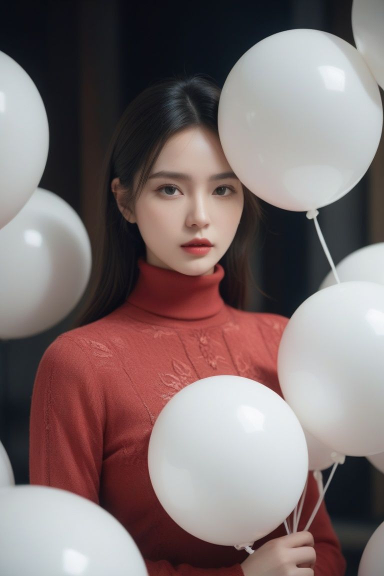 breathtaking cinematic film still, Cowboy_Shot, ((__clothes_female/blouse styles 衬衫款式/blouse__)), Erdem Moralioglu (厄德姆·莫拉利奥卢), a cinematic fashion portrait photo of beautiful young woman from the 90s wearing a red turtleneck standing in the middle of a ton of white balloons, dramatic lighting, taken on a hasselblad medium format camera, looks like liuyifei, white balloon, shallow depth of field, vignette, highly detailed, high budget, bokeh, cinemascope, moody, epic, gorgeous, film grain, grainy . award-winning, professional, highly detailed,sc