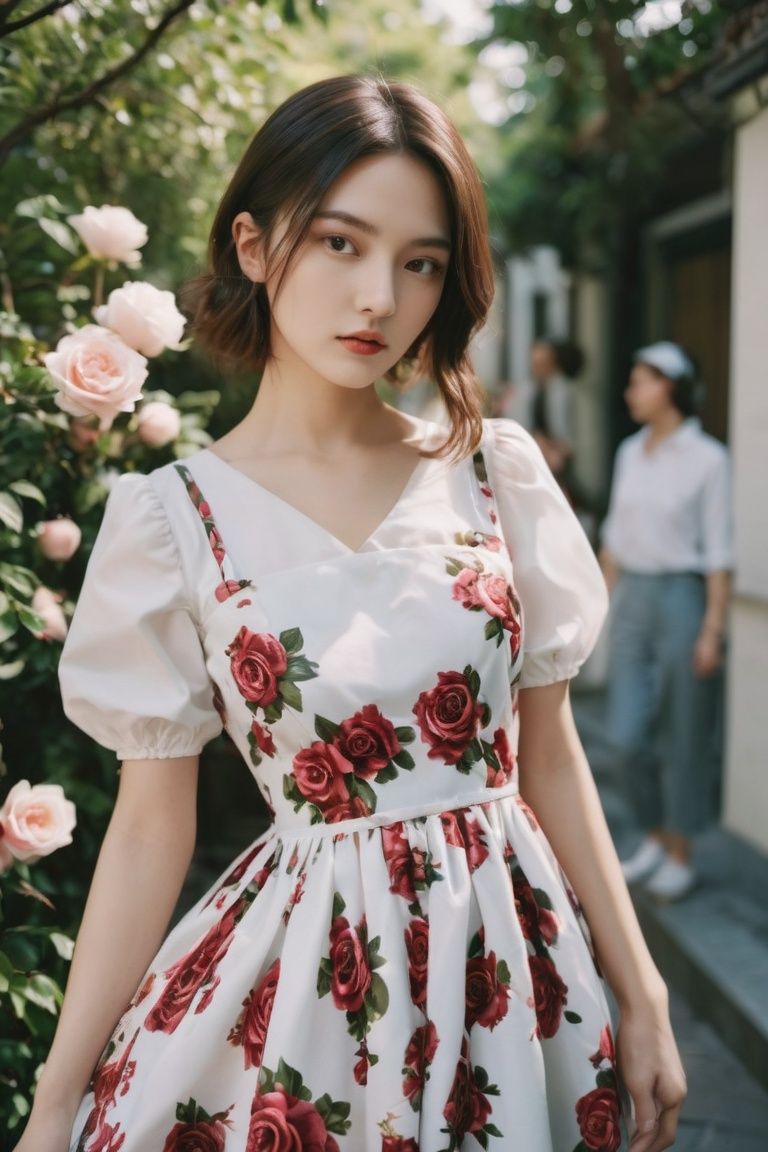 cinematic photo analog film photo, Dolce & Gabbana rose-printed cotton-poplin dress, Olympus PEN-F with M.Zuiko 17mm f/1.8, design by Carolina Herrera (卡罗琳娜·赫雷拉) . 35mm photograph, film, bokeh, professional, 4k, highly detailed
