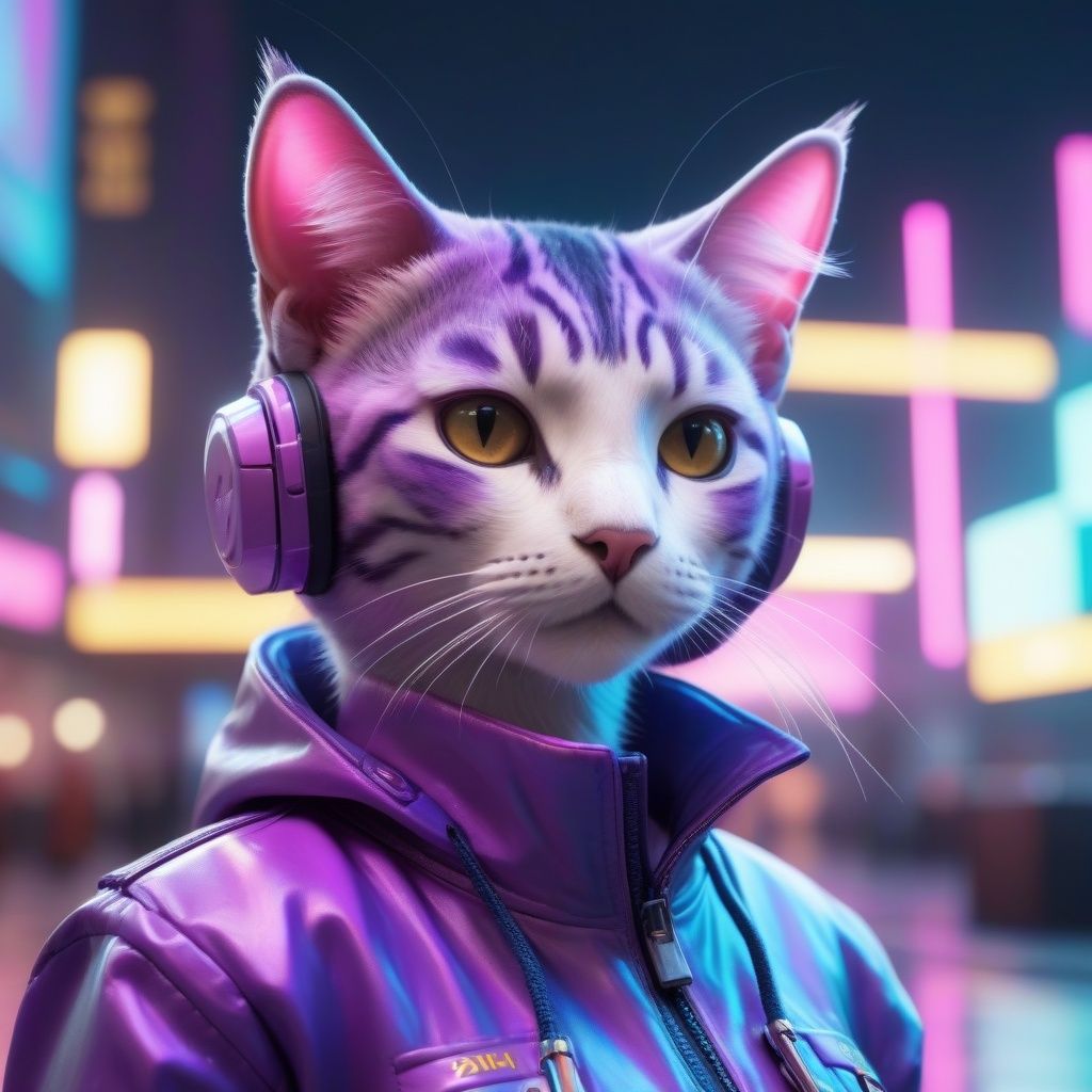 neonpunk style High detailed, High precision, Hyper quality, Fine luster, UHD,16k, masterpiece, A cat wearing a jacket, cat as head . cyberpunk, vaporwave, neon, vibes, vibrant, stunningly beautiful, crisp, detailed, sleek, ultramodern, magenta highlights, dark purple shadows, high contrast, cinematic, ultra detailed, intricate, professional