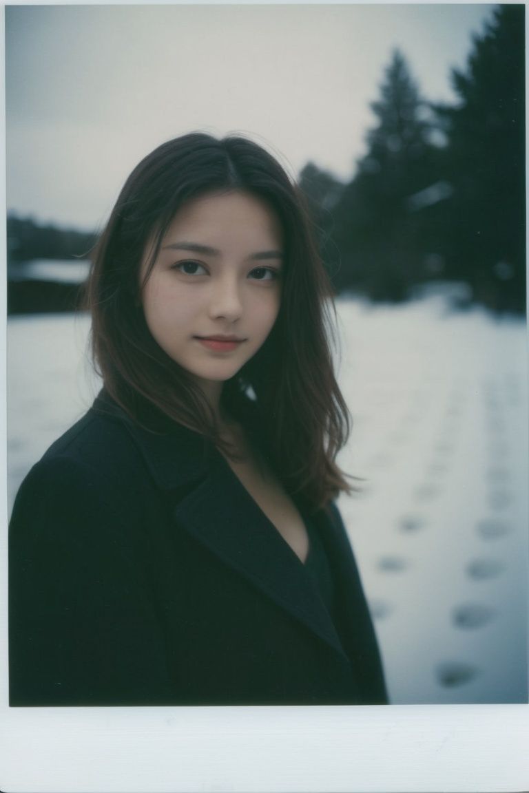 1girl,portrait of a woman,polaroid,film, graininess,smile,cold,dark theme,exposure