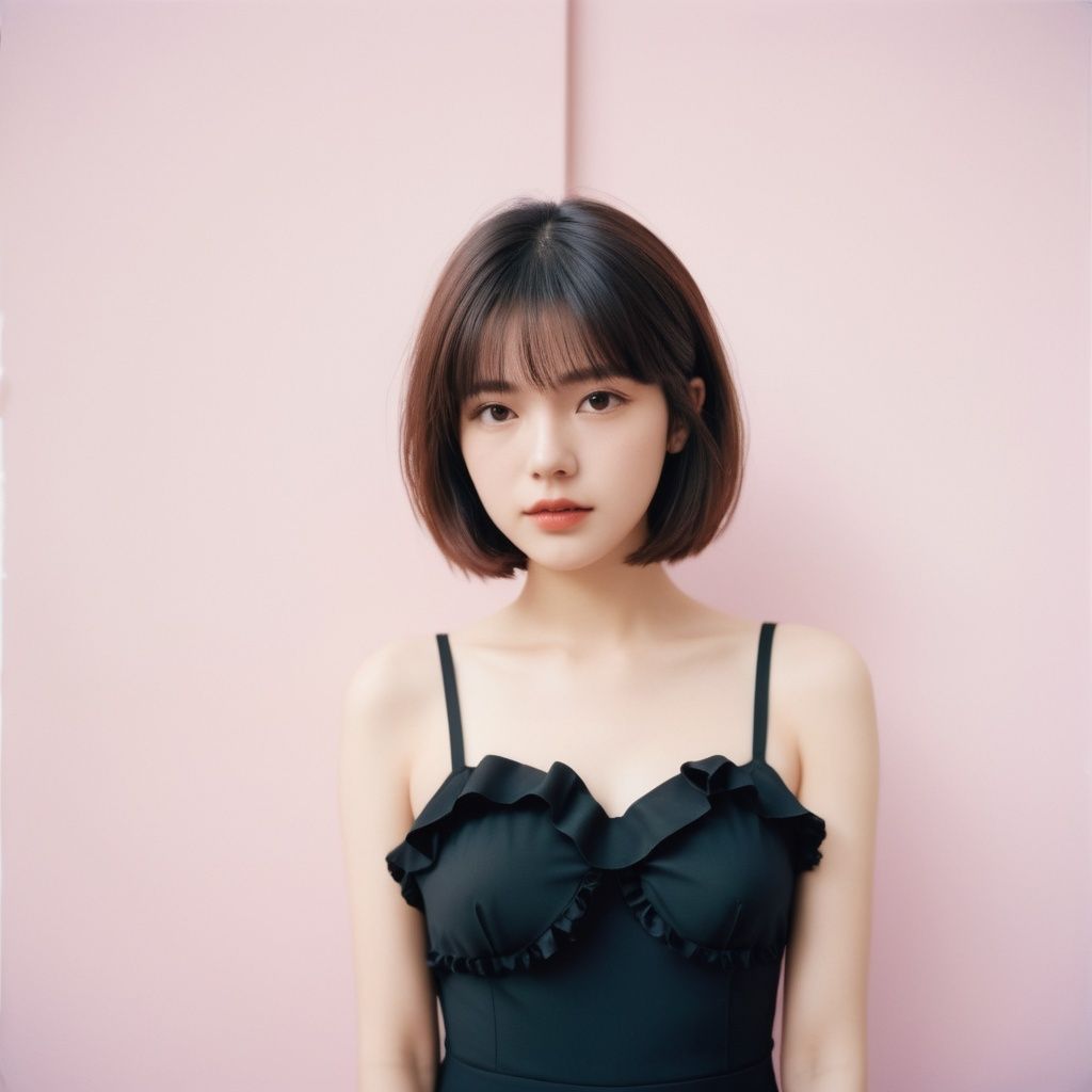analog film photo Ilford Pan 400, Leica SL2 with Leica APO-Summicron-SL 50mm f/2 ASPH, Givenchy asymmetrical midi dress with ruffle detailing, bob hair, pink . faded film, desaturated, 35mm photo, grainy, vignette, vintage, Kodachrome, Lomography, stained, highly detailed, found footage