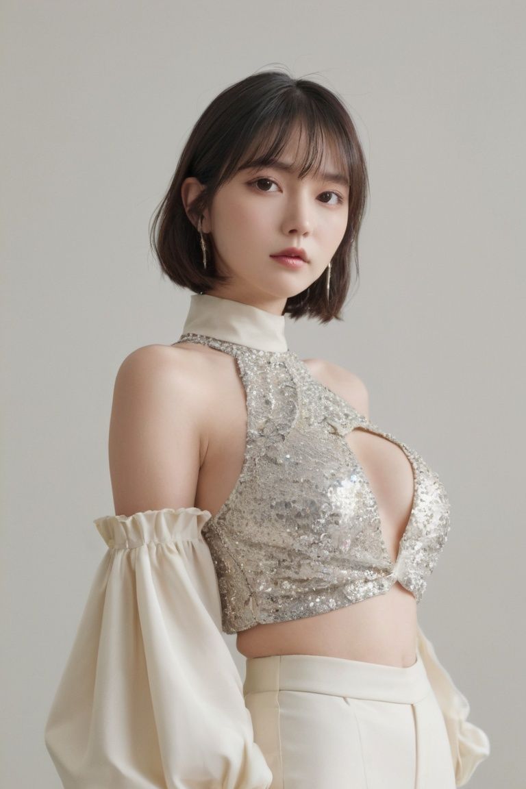 Lanvin sequin-embellished blouse with a high neck and balloon sleeves,Canon EOS 5D Mark IV with Canon EF 24-70mm f/2.8L II,design by ****·麦昆(Alexander McQueen) girl,1girl,solo,black eyes,
