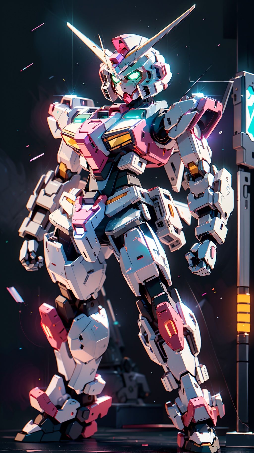 Gundam,solo,green_eyes,standing,no_humans,glowing,robot,mecha,glowing_eyes,clenched_hands,science_fiction,looking_ahead,v-fin,mobile_suit,cinematic lighting,strong contrast,high level of detail,Best quality,masterpiece,White background,<lora:gundam_Transparent:0.7>,