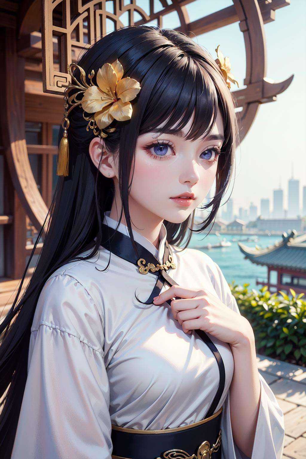 ((best quality)), ((masterpiece)) , ((ultra-detailed)), (illustration), (detailed light), (an extremely delicate and beautiful), ((1girl)), ((solo)), (beautiful detailed eyes), depth of field,hanfu, dynamic pose,(((beautiful detailed chinese style architecture))), upper body, (((outdoors))), detailed chinese style tassel, hair flower