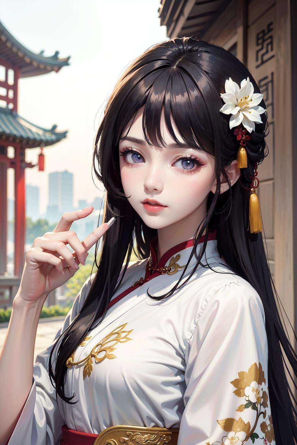 ((best quality)), ((masterpiece)) , ((ultra-detailed)), (illustration), (detailed light), (an extremely delicate and beautiful), ((1girl)), ((solo)), (beautiful detailed eyes), depth of field,hanfu, dynamic pose,(((beautiful detailed chinese style architecture))), upper body, (((outdoors))), detailed chinese style tassel, hair flower