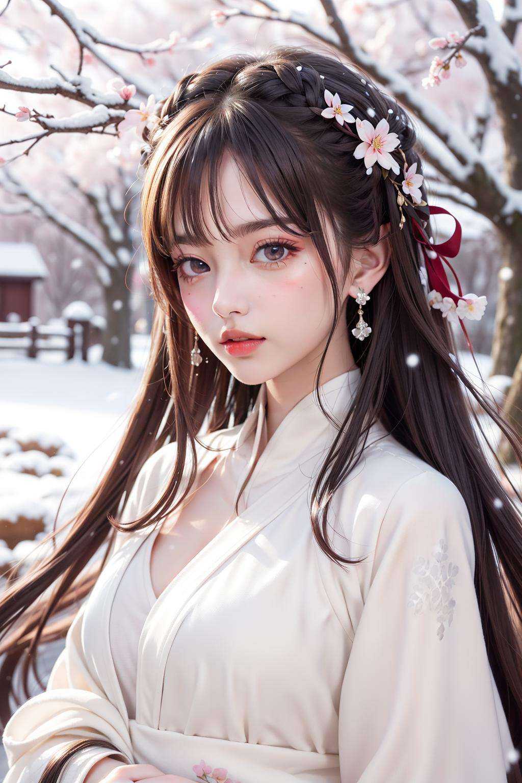 bare_tree, tree, cherry_blossoms, branch, 1girl, winter, snow, outdoors, long_hair, solo, snowing, spring_\(season\), looking_at_viewer, mole, blurry, parted_lips, flower, hair_ornament, upper_body, earrings, hair_flower