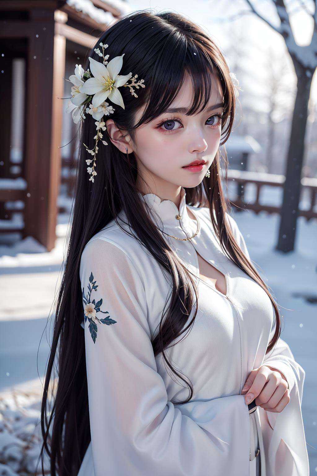 1girl, long_hair, solo, hair_ornament, upper_body, looking_at_viewer, snowing, flower, light_particles, bangs
