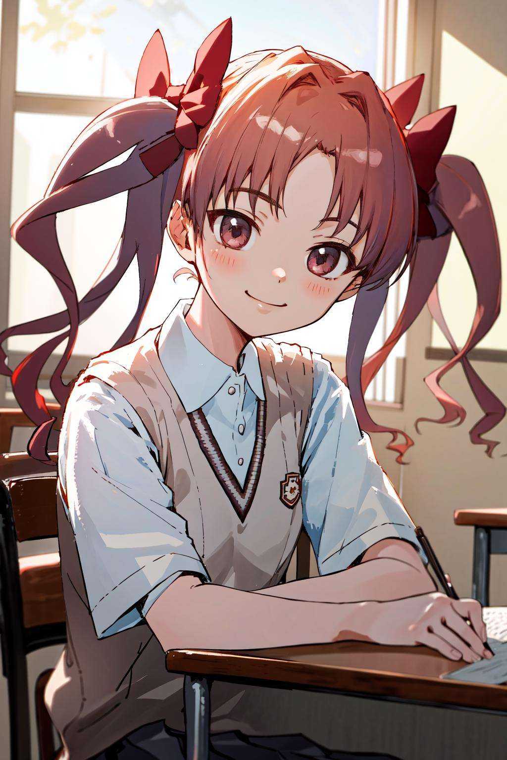 masterpiece, best quality, highres, 1girl hair bow, tokiwadai school uniform <lora:shirai_kuroko:1> sitting on chair, light smile