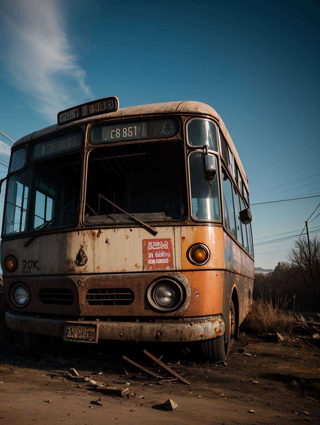 postapocalypse,  photo of wrecked old bus,  natural lighting on Tensor.Art