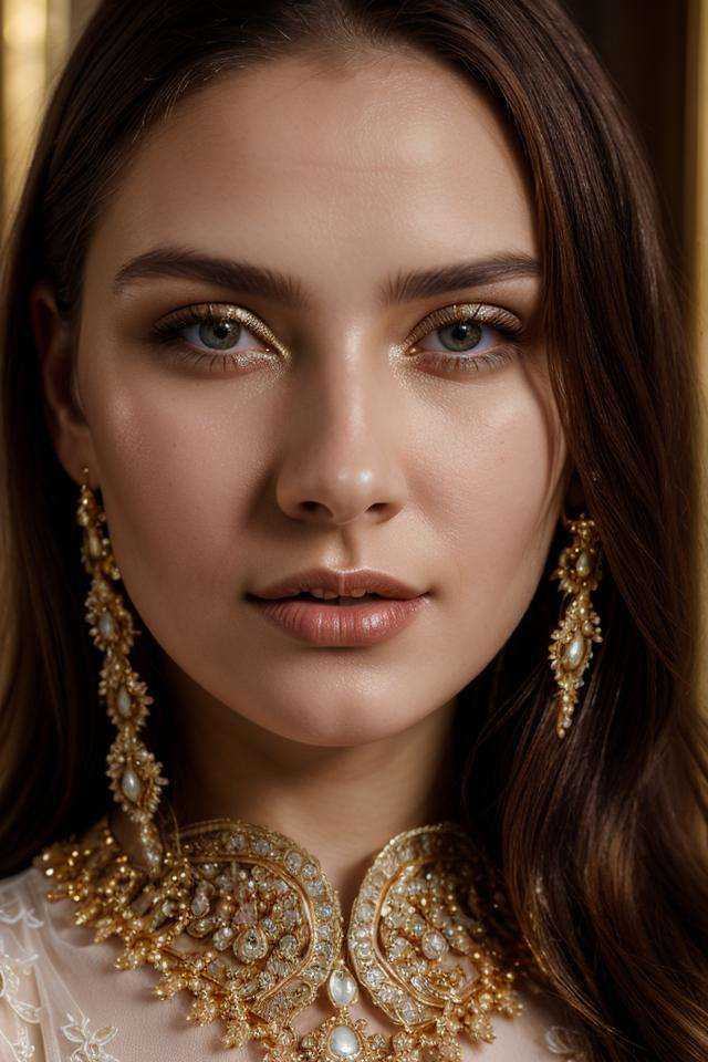 close-up photo of beautiful russian woman wearing white see-through gown with golden details,  25yo,  half body on Tensor.Art