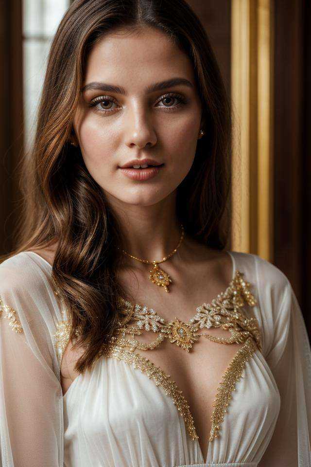 close-up photo of beautiful russian woman wearing white see-through gown with golden details,  25yo,  half body on Tensor.Art