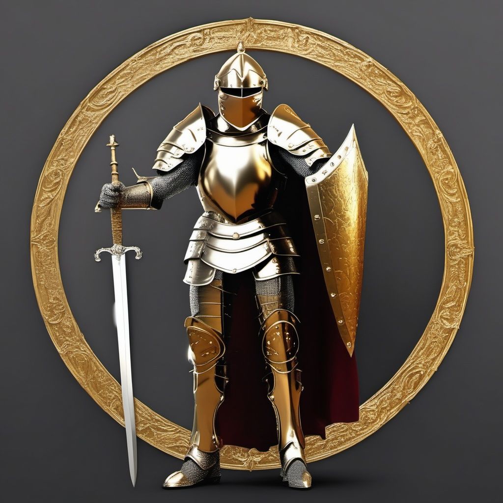 (Circle), majestic royal knight dressed in golden armor, holding a sword with confidence and valor, masterpiece, best quality,