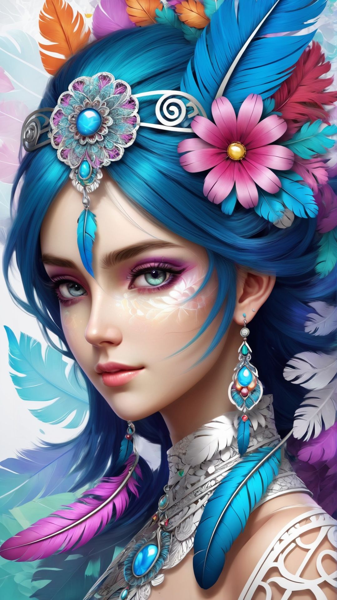 (masterpiece, top quality, best quality, official art, beautiful and aesthetic:1.2), (1girl:1.3), extremely detailed,(fractal art:1.1),(colorful:1.1)(flowers:1.3),highest detailed,(zentangle:1.2), (dynamic pose), (abstract background:1.3), (many colors:1.4), ,(earrings), (feathers:1.5)