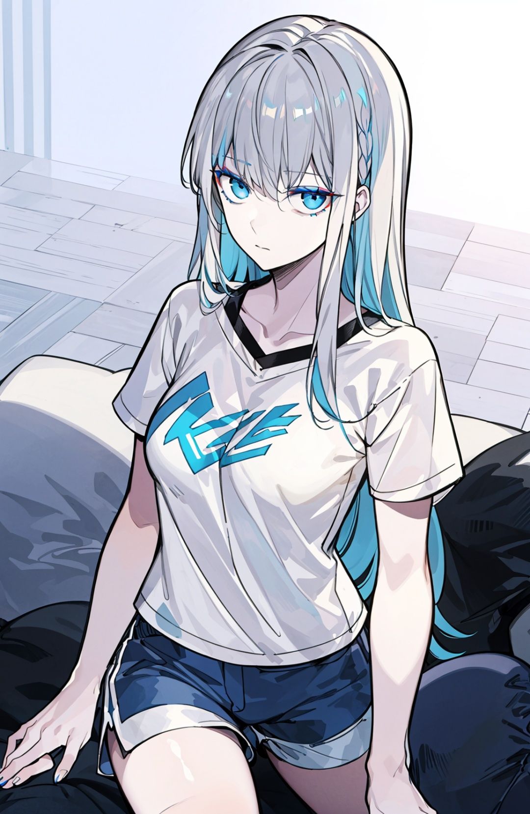((masterpiece)), ((ultra-detailed)), ((best quality)), 1girl, long hair, small breasts, makeup, black eyeliner, (expressionless:1.2), ((closed mouth:1.2)), looking at viewer,white hair, blue eyes, shorts, tshirt,
